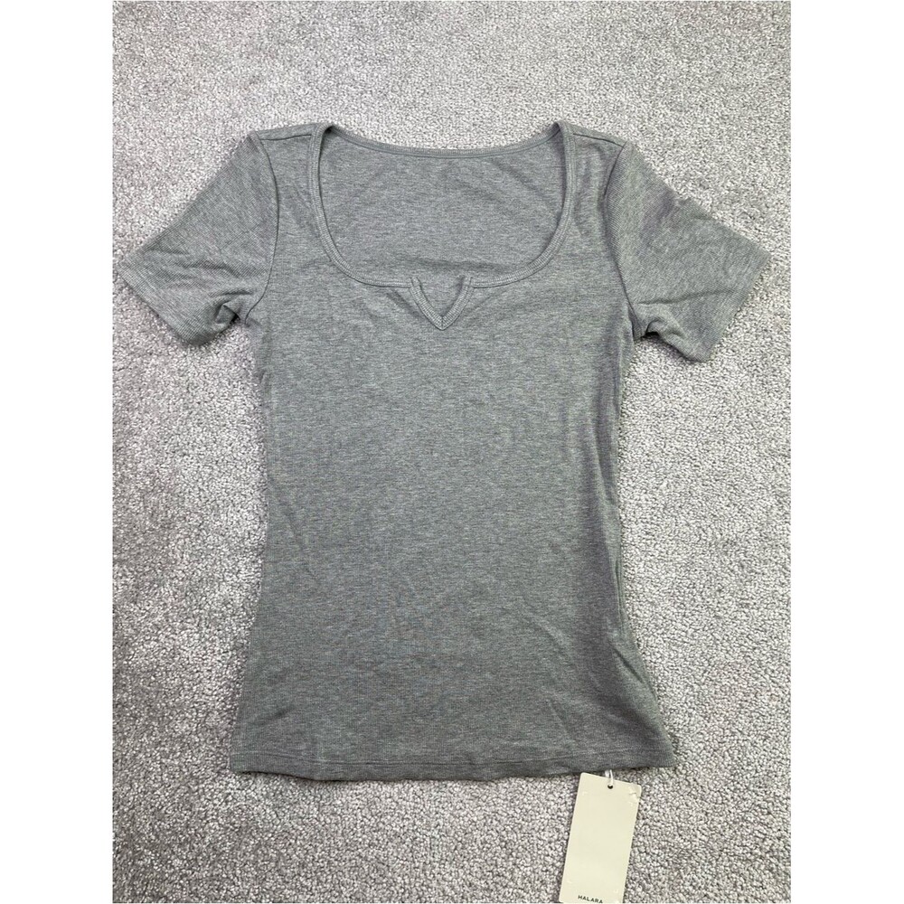 Halara Ribbed Knit Top Women’s XS Gray Short Sleeve Scoop Neck Stretch Tee